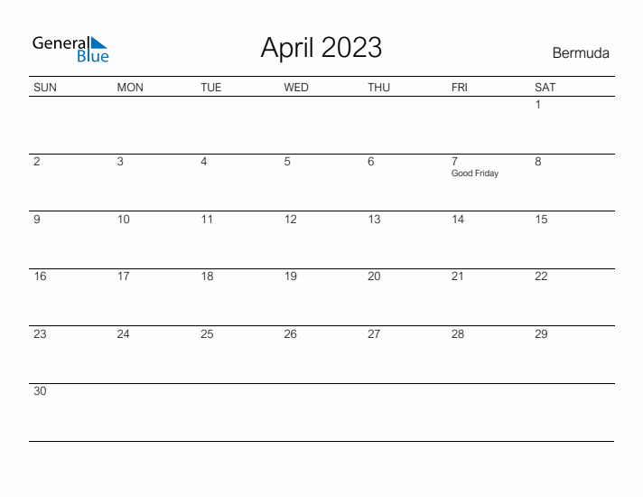 Printable April 2023 Calendar for Bermuda