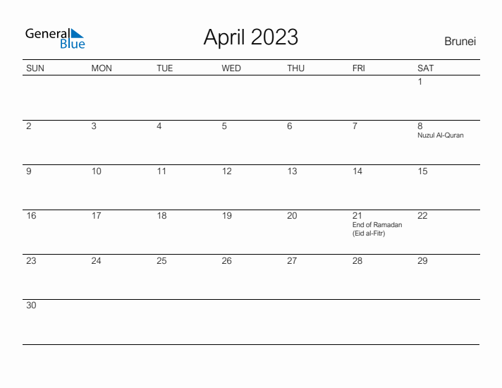 Printable April 2023 Calendar for Brunei