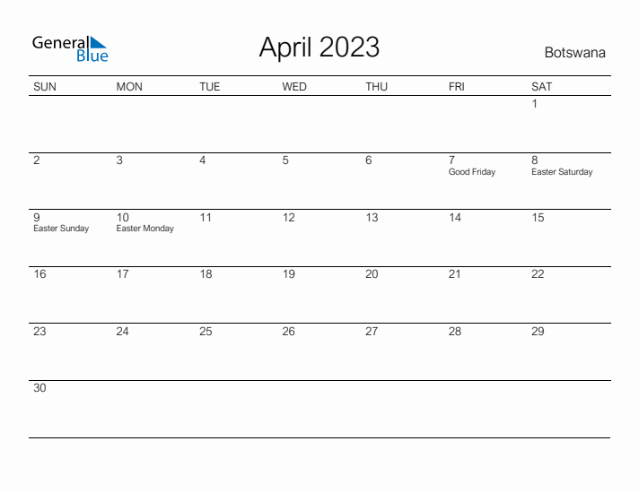 Printable April 2023 Calendar for Botswana