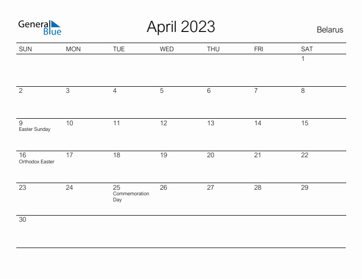 Printable April 2023 Calendar for Belarus