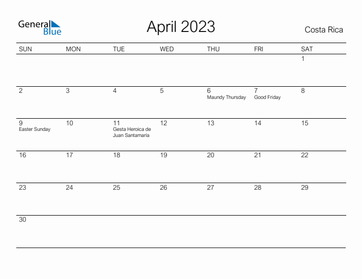 Printable April 2023 Calendar for Costa Rica