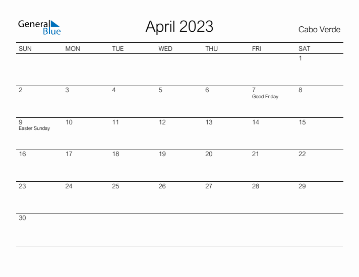 Printable April 2023 Calendar for Cabo Verde