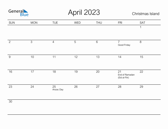 Printable April 2023 Calendar for Christmas Island