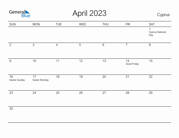 Printable April 2023 Calendar for Cyprus