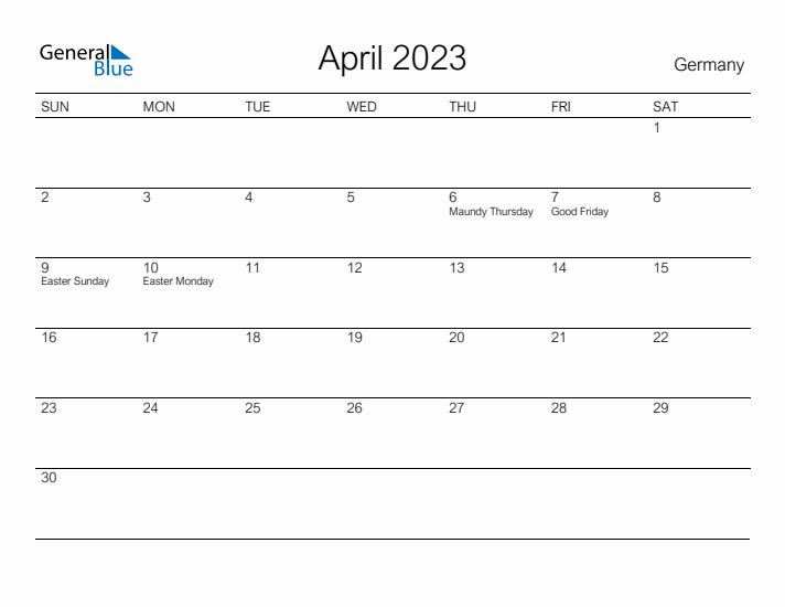 Printable April 2023 Calendar for Germany