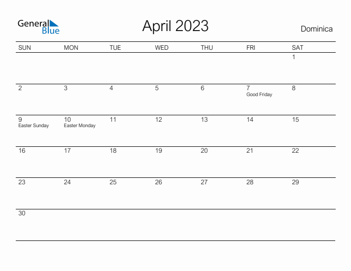 Printable April 2023 Calendar for Dominica