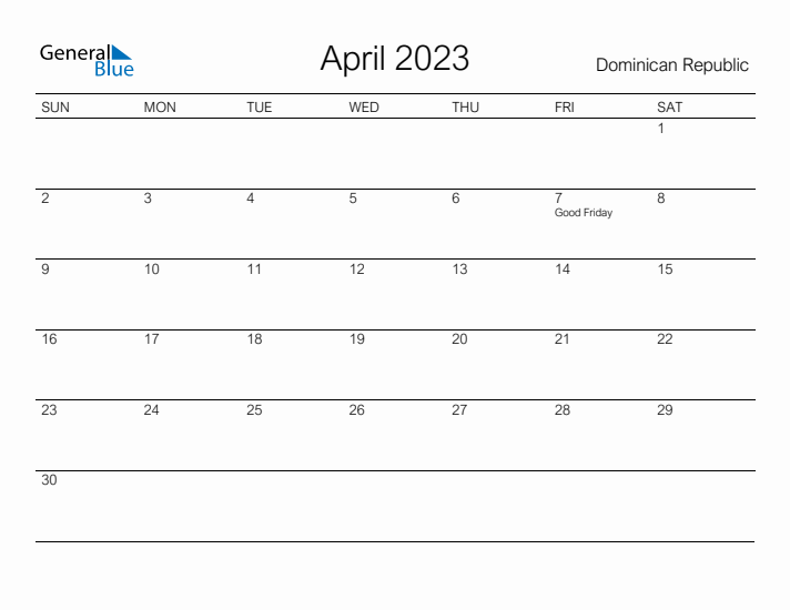 Printable April 2023 Calendar for Dominican Republic