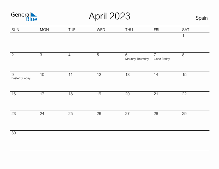 Printable April 2023 Calendar for Spain