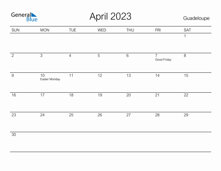 Printable April 2023 Calendar for Guadeloupe