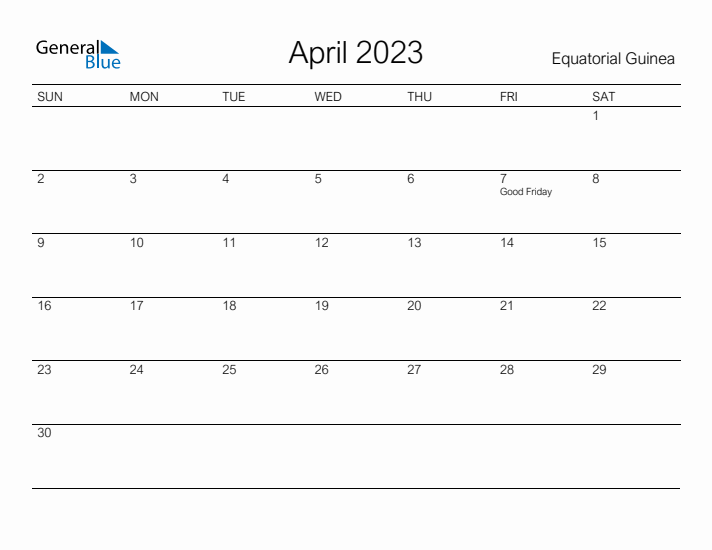 Printable April 2023 Calendar for Equatorial Guinea