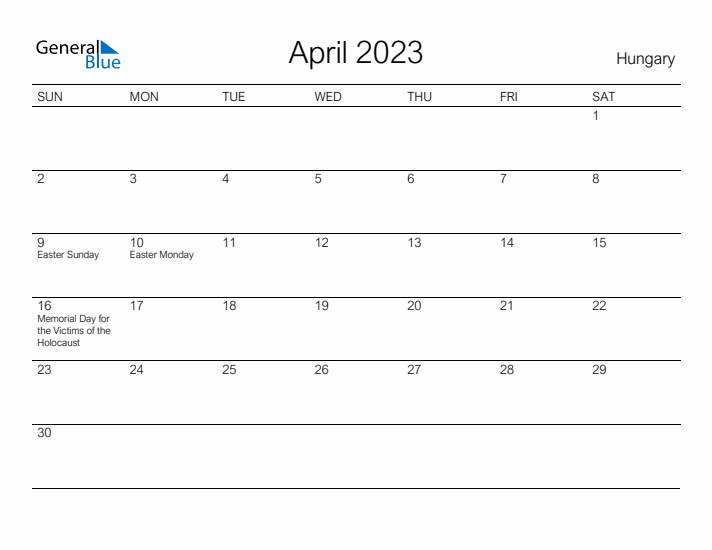 Printable April 2023 Calendar for Hungary