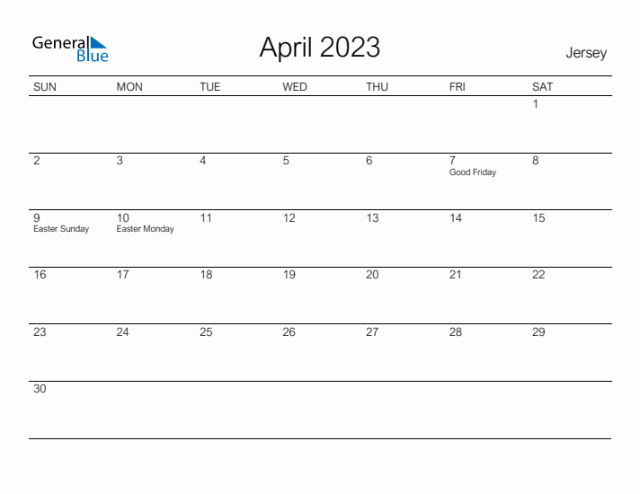 Printable April 2023 Calendar for Jersey