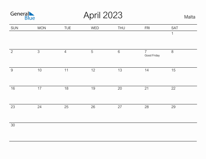 Printable April 2023 Calendar for Malta