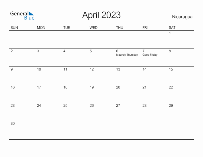 Printable April 2023 Calendar for Nicaragua