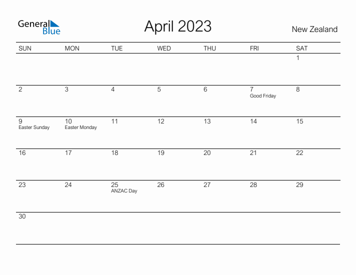 Printable April 2023 Calendar for New Zealand