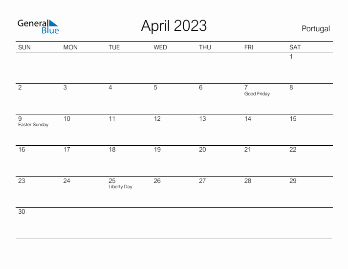 Printable April 2023 Calendar for Portugal