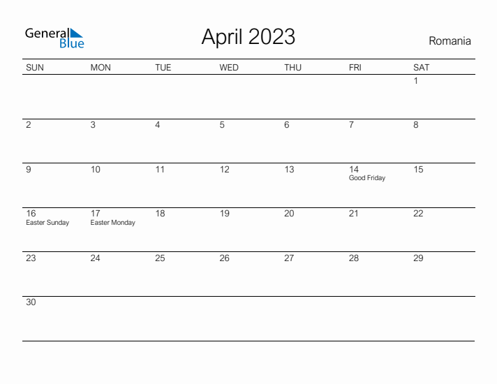 Printable April 2023 Calendar for Romania