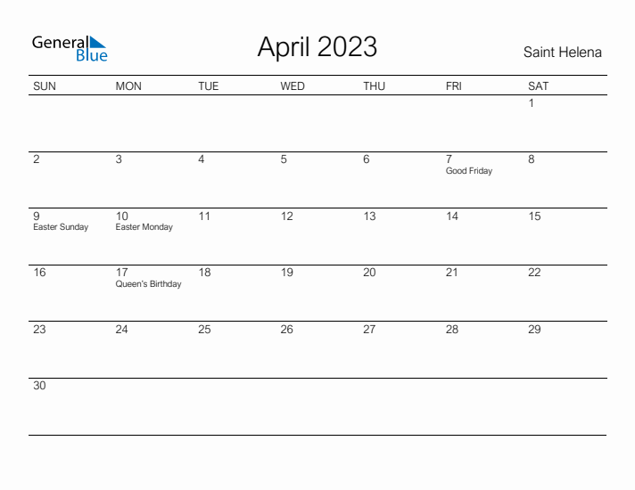 Printable April 2023 Calendar for Saint Helena