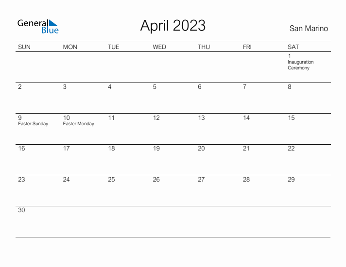 Printable April 2023 Calendar for San Marino