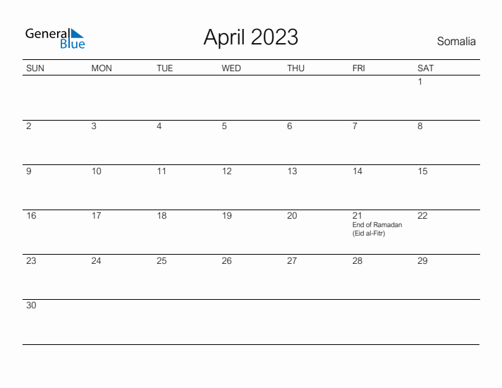 Printable April 2023 Calendar for Somalia