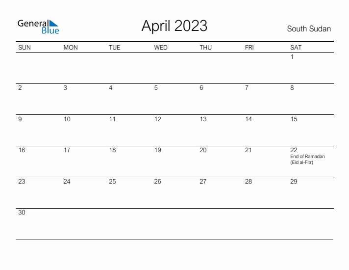 Printable April 2023 Calendar for South Sudan