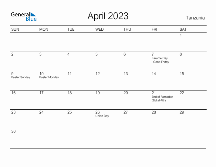 Printable April 2023 Calendar for Tanzania