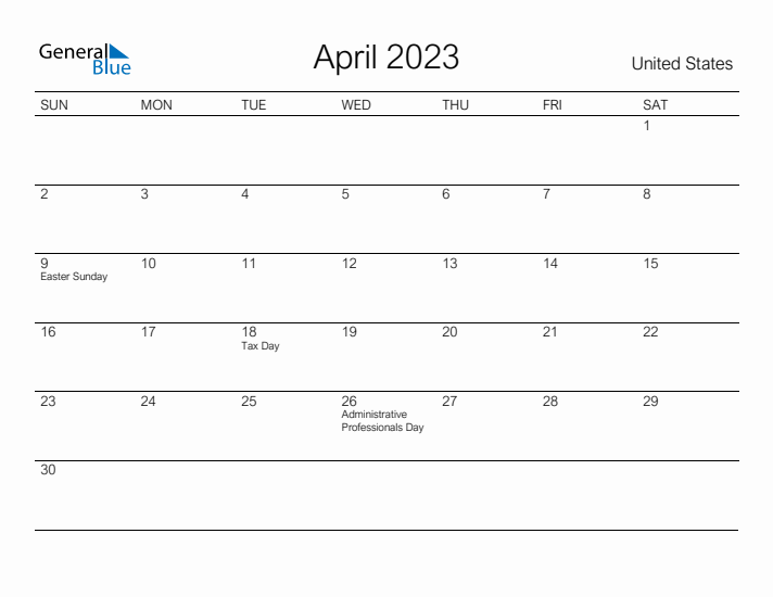 Printable April 2023 Calendar for United States