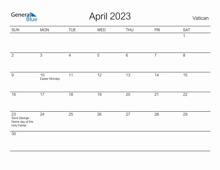 Printable April 2023 Calendar for Vatican