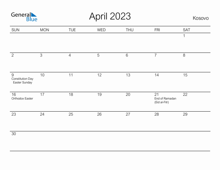 Printable April 2023 Calendar for Kosovo