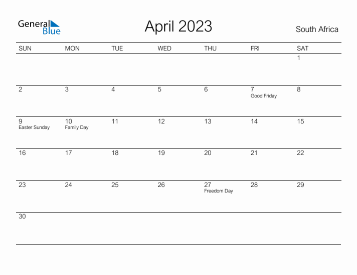 Printable April 2023 Calendar for South Africa