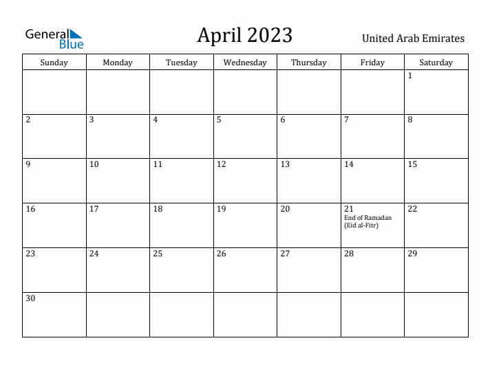 April 2023 Calendar United Arab Emirates