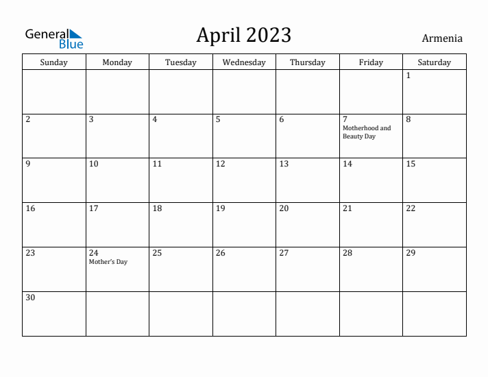 April 2023 Calendar Armenia