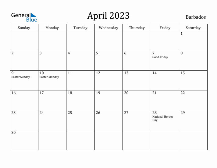 April 2023 Calendar Barbados