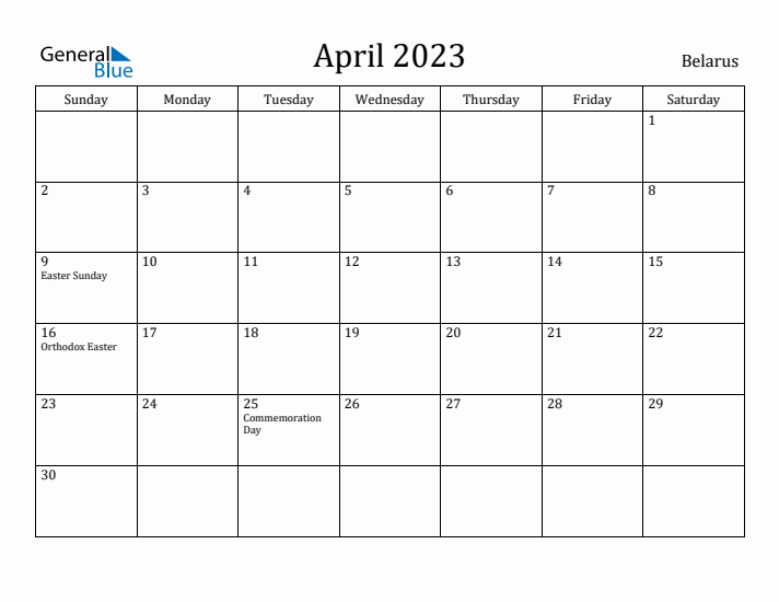 April 2023 Calendar Belarus