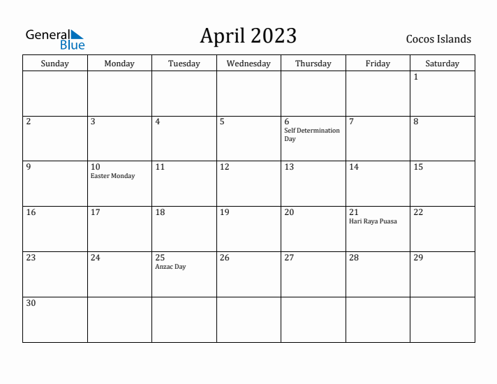 April 2023 Calendar Cocos Islands