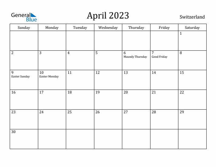 April 2023 Calendar Switzerland