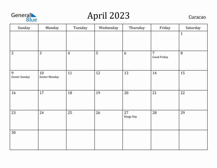 April 2023 Calendar Curacao