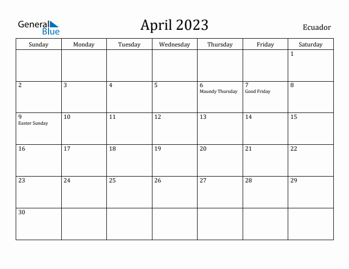 April 2023 Calendar Ecuador