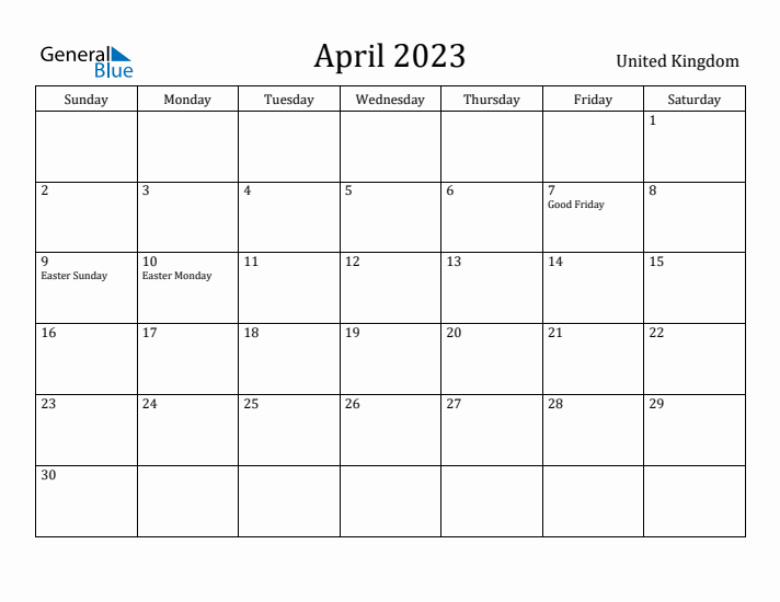 April 2023 Calendar United Kingdom