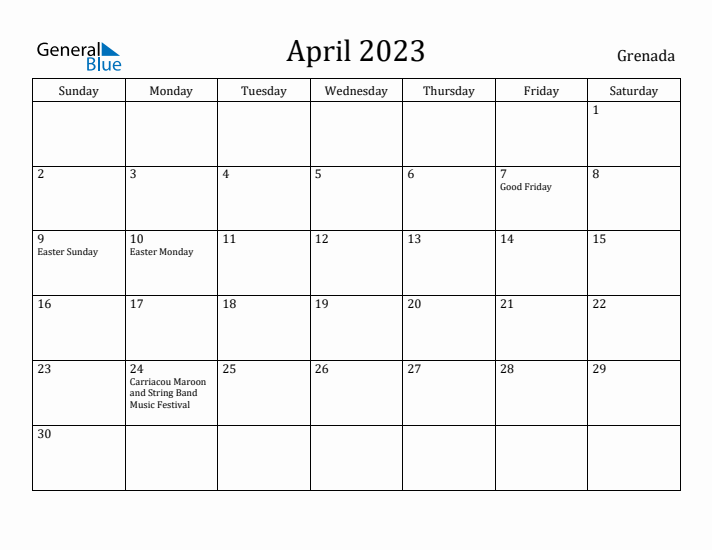 April 2023 Calendar Grenada