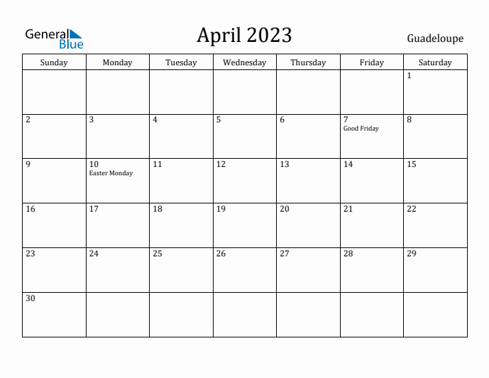 April 2023 Calendar Guadeloupe