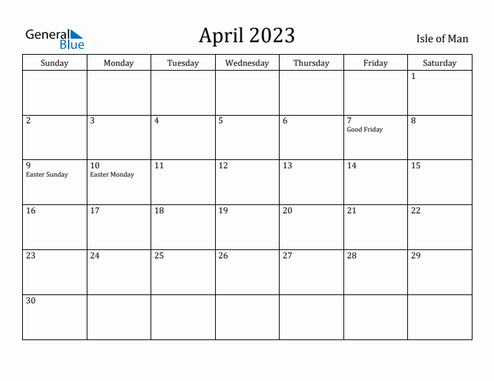 April 2023 Calendar Isle of Man