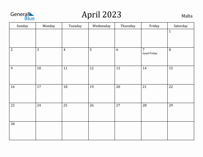 April 2023 Calendar Malta