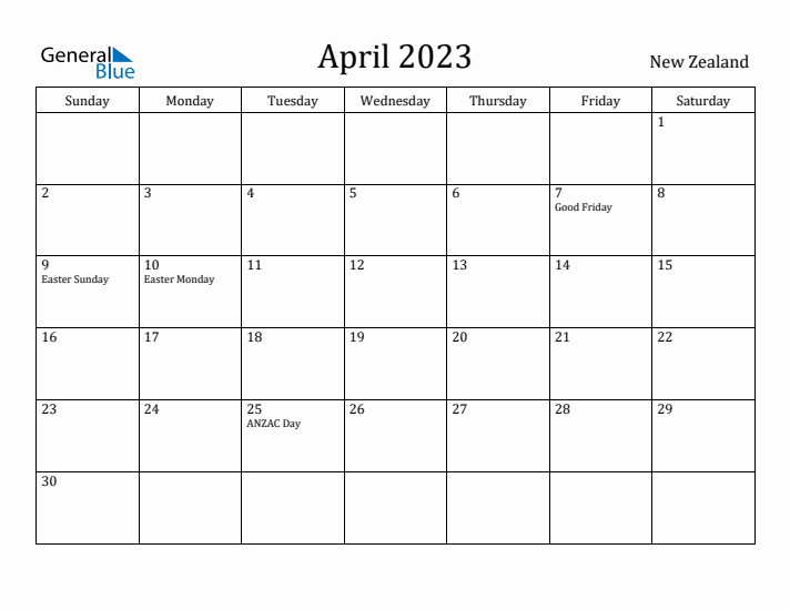 April 2023 Calendar New Zealand