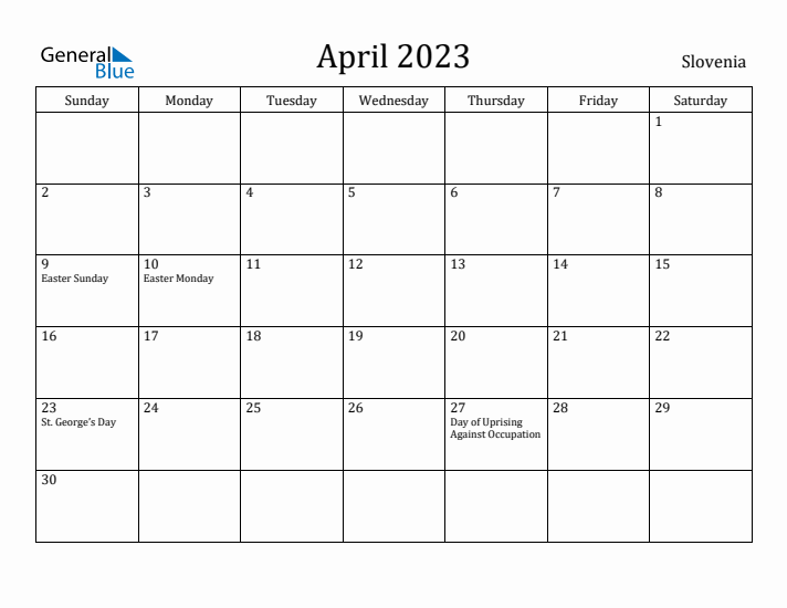 April 2023 Calendar Slovenia