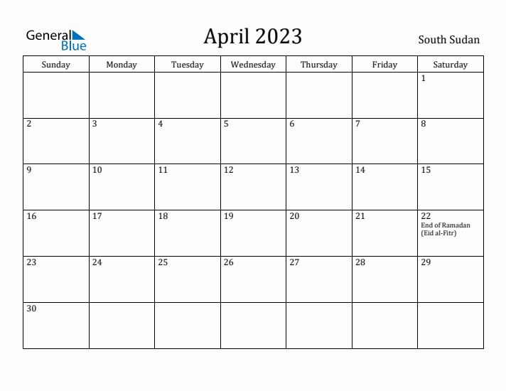 April 2023 Calendar South Sudan