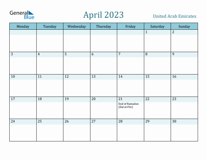 April 2023 Calendar with Holidays