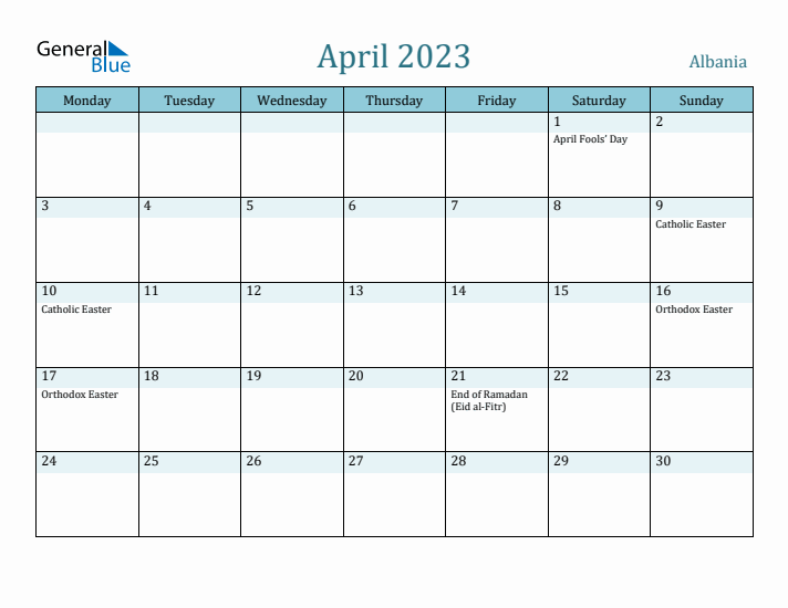 April 2023 Calendar with Holidays