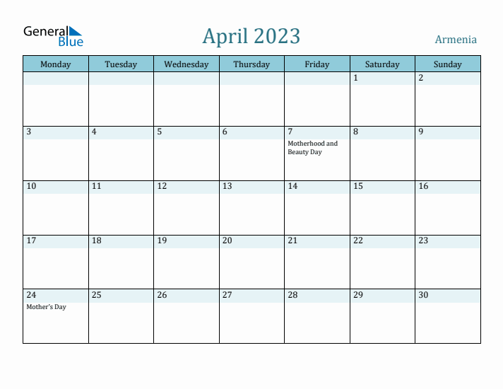 April 2023 Calendar with Holidays