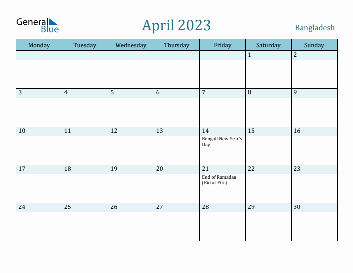 April 2023 Calendar with Holidays